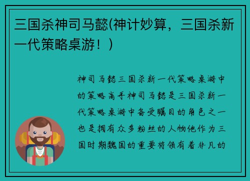 三国杀神司马懿(神计妙算，三国杀新一代策略桌游！)